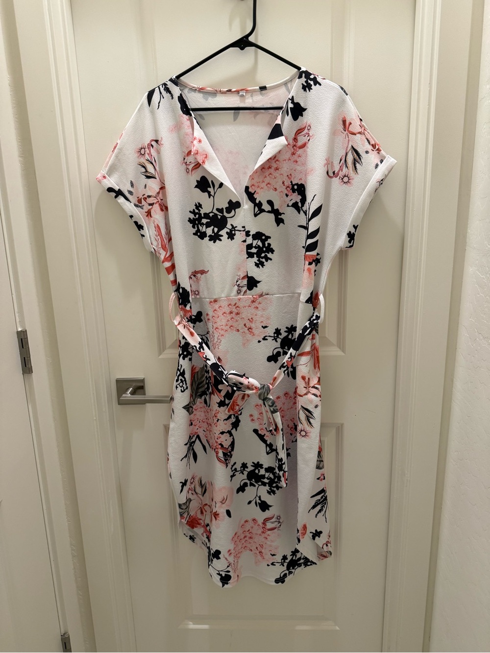 Amazon White Floral Print Dress with Pink and Black Accents